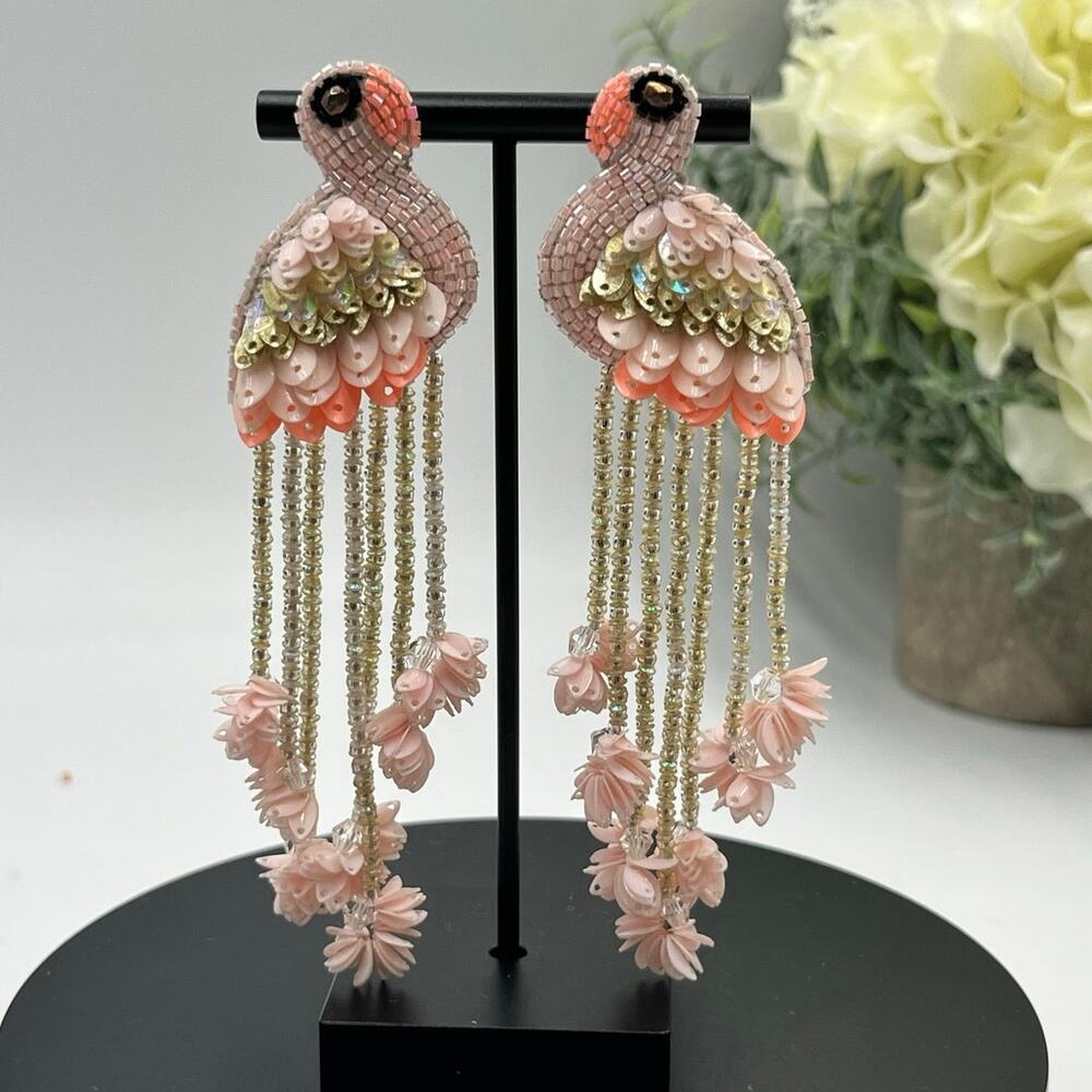 OLIVIA DAR Designer‎ Hand Beaded Sequin Pink Flamingo Dangle Earrings